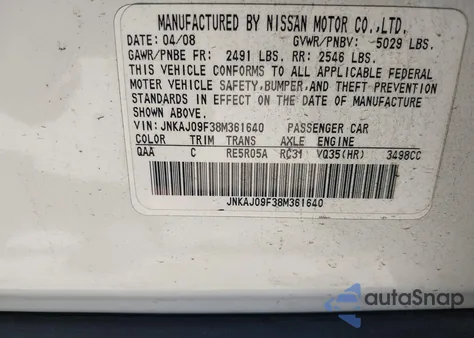 2008 Infiniti Ex35 Journey z USA, uszkodzony, nr VIN JNKAJ09F38M361640